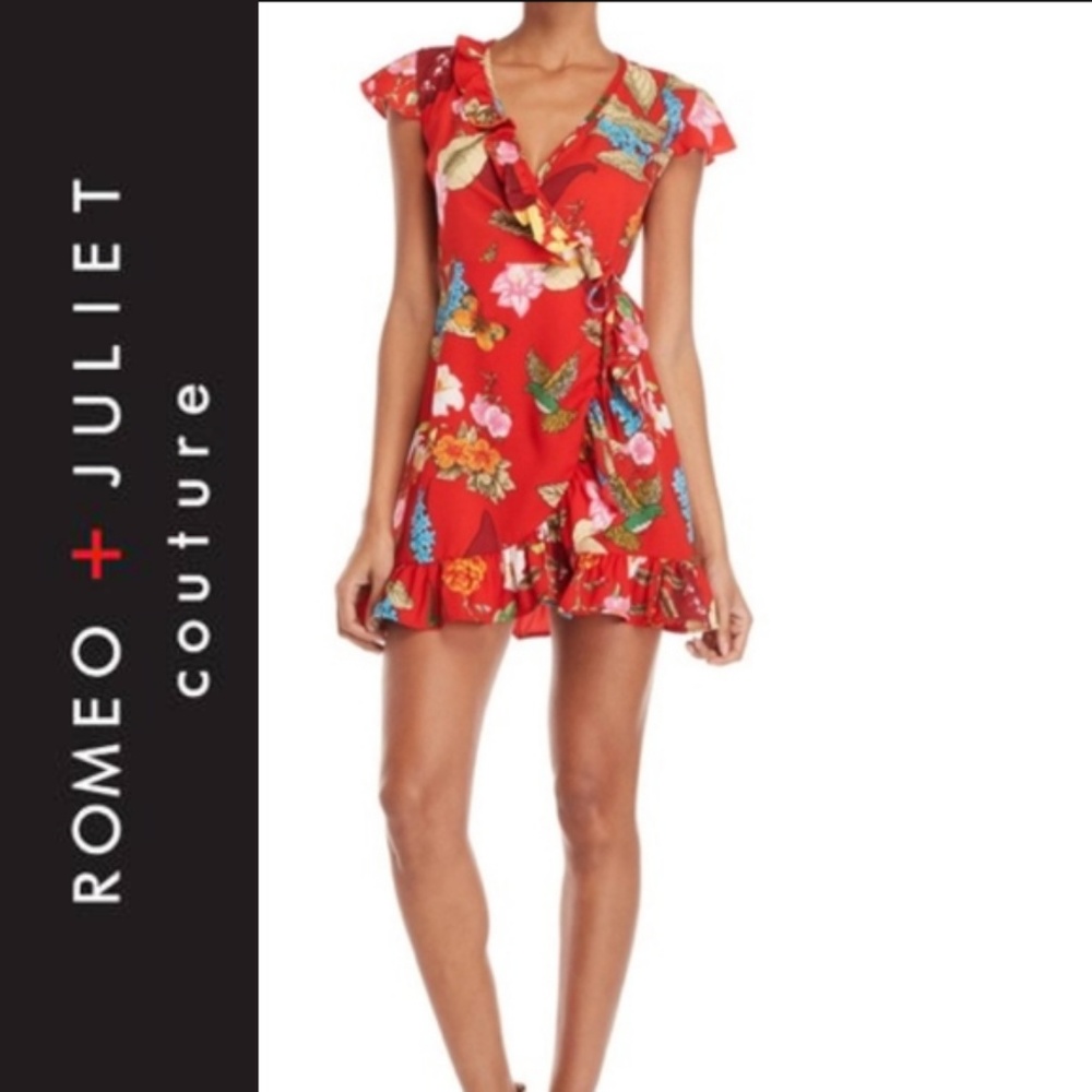 💥SOLD💥ROMEO + JULIET Couture Red Floral Bird Ruffle Wrap Dress NWT Size M Party